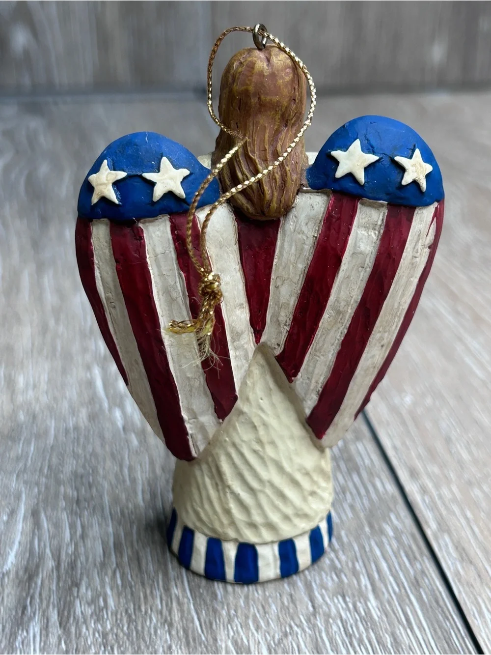 Patriotic Americana Angel Ornament American Flag Wings Faux Wood Carved 4